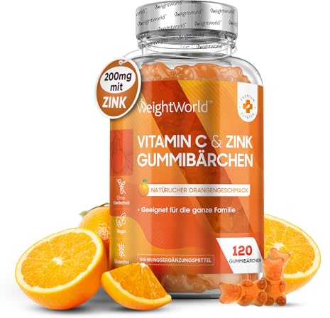 Vitamine C Gummies avec Zinc, 120 Gommes Vegan, pour Adultes et Enfants dès 3 Ans à l'Arôme Naturel d'Orange, 200mg Vit C Acide Ascorbique et 6mg Zinc Alternative aux Gélules et Comprimés