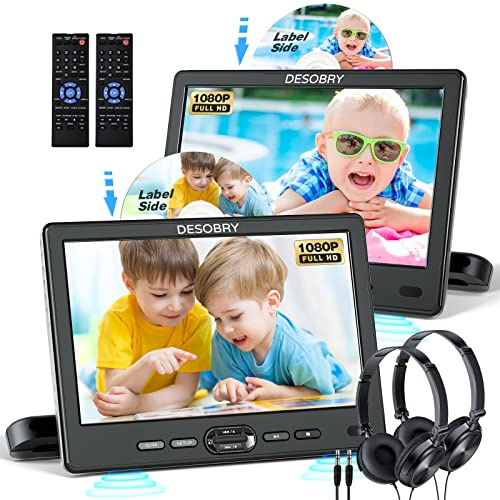 Car DVD Player Dual Screen with Headrest Mount, DESOBRY 10.5 Portable DVD Player for Car with Suction-Type Disc in, Play a Same Or Two Different Movies, Support 1080P Video,HDMI Input, USB/SD Reader
