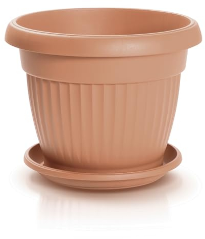 IMJ-Global Vaso con Sottovaso per piante Fiori DCE35-POD29 TERRA Tondo Ø35cm da interno esterno Terracotta 13 Litri Ø35x27,5 cm design Classico Fioriera in plastica da balcone