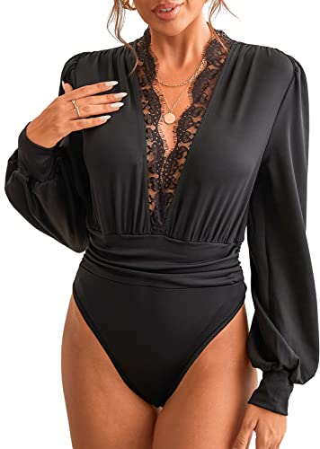 CUPSHE Damen Bodysuit Tiefer V Ausschnitt Spitzenbesatz Langarm Raffungen Bodies Casual Langarmshirt Overall Blusenbody Top Schwarz L
