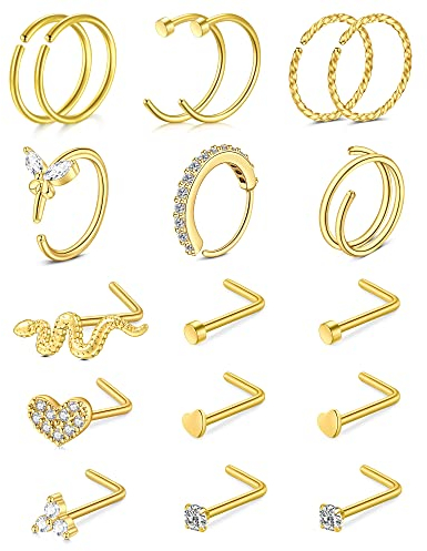 JFORYOU Nose Rings Hoop 20G Nose Rings Studs Surgical Steel L Shape Nose Studs for Women CZ Heart Moon Butterfly Snake Gold Tone Nose Piercings Jewelry