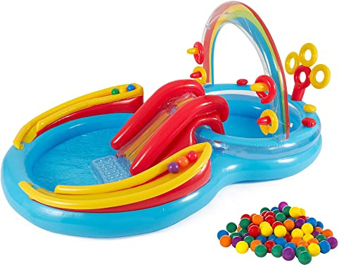 Intex 9.75 x 6.3 Foot Rainbow Ring Inflatable Play Center Pool with Water Slide and Small Plastic Multi-Colored Fun Ballz for Ball Pit, 100 Pack