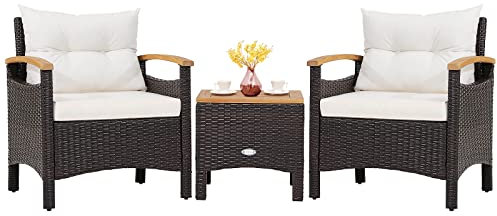 COSTWAY Conjunto Terraza 3 Piezas, Conjunto de Muebles Ratán de jardín, Mesa de Café, 2 Sillas de Ratón con Cojín Desmontable y Respaldo, Madera de Acacia para Patio, Piscina, Balcón (Blanco)