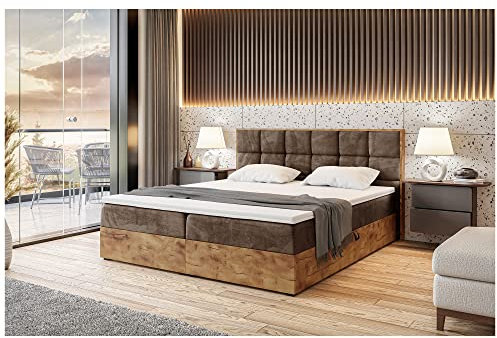 MEBLINI Boxspringbett mit Bettkasten - Gepolstert Doppelbett mit Matratze und Topper - Polsterbett mit Stauraum - Bett mit Kopfteil - Stauraumbett - Lofty 1-140x200 - H3/Braun Samt