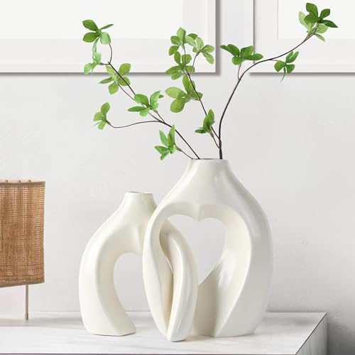 Design Keramik Vase, 2er Set beige Deko Vase für Pampasgras, Vasen Mit herzförmige Loch Nordic Ring Form Moderne Wohnkultur
