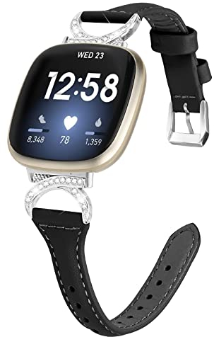 Gimuk Lederband Kompatibel mit Fitbit Versa 4/Sense 2 Armband, Frauen Mädchen Echtes Leder Sport Band Metall Bling Strass Ersatzband Wristband für Fitbit Versa 3/Sense, 5.5 - 8.1, Leder (Schwarz)