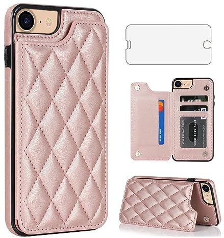 Asuwish Phone Case for iPhone 7/8/SE 2020/2022 Wallet Cover with Screen Protector and RFID Card Holder Stand Cell iPhone7 iPhone8 7s 8s i SE2020 SE2022 2/2nd/3/3rd Generation SE2 SE3 Women Rose Gold
