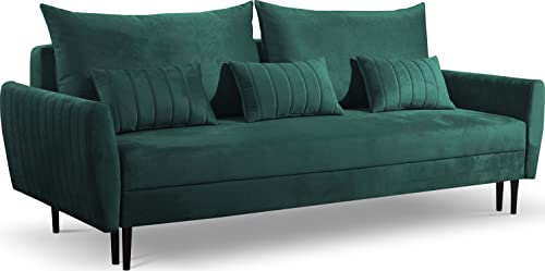 WFL GROUP Sofa mit Bettkasten - Samt Schlafsofa mit Schwarze Holzbeine - 3 Sitzer Sofa Couch mit Schlaffunktion Bettfunktion Skandinavisch Polstergarnitur - Grün