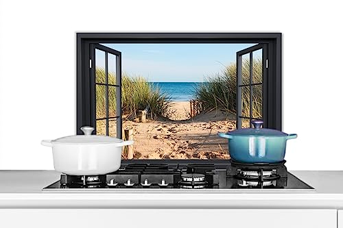 KitchenYeah© Küchenrückwand Platte Spritzschutz Küche Deko Aluminium Platte Spritzschutz Herd Alternative für GlasplatteDurchblick - Strand - See - Sand - Wasser - Strandhafer - Dune - 70x50 cm