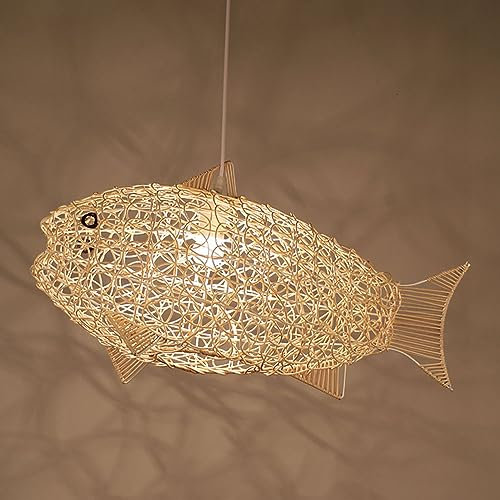Moddeny Handgewebter Fisch-Lampenschirm aus Rattangeflecht, Deckenleuchte, dekorative Hängelampe, Rattan-Kronleuchter, E27-Dekoration, Beleuchtung für Esszimmer, Kücheninsel, Wohnzimmer