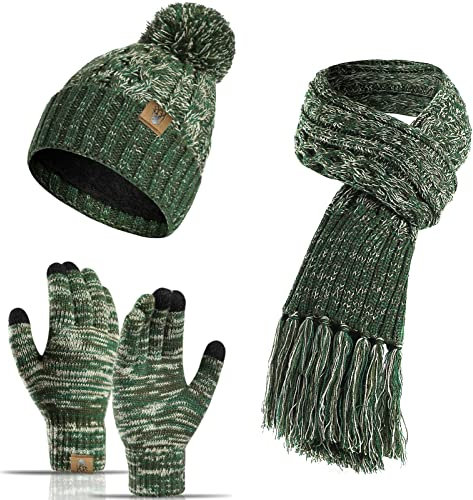 INSISMY Mütze Schal handschuhe Set Winter Weich Warm Pelzgefütterte Bommelmütze Langer Schal mit Quaste und Touchscreen Handschuhe Set 3-teiliges Melange Gestrickt Damen Unisex