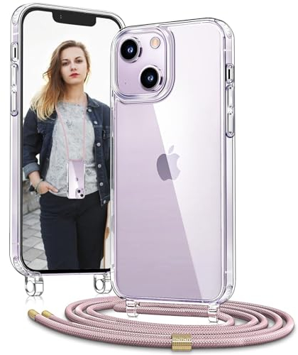 OLEPHY Handykette für iPhone 15 Hülle mit Band - Necklace Handyhülle mit Schnur - Transparente Case zum Umhängen mit Verstellbarem und Demontage Umhängeband, Roségold