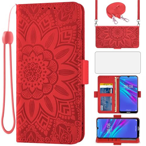 Asuwish Handyhülle für Huawei Y6 2019/Y6s/Honor 8A Hülle mit Band und Glas Folie Schutzfolie Kartenfach Klappbar Leder Geldbörse Ständer Hawaii 6Y Pro 2019 JAT-L41 MRD-LX1 Schutzhülle Phone Case Rot