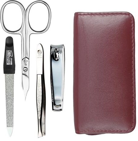 Maniküre Set 4 teilig Reise Etui - Nagelschere, Nagelknipser, Nagelfeile und Pinzette - Etui aus echtem Nappa-Lammleder - Maniküre und Pediküre (Bordeaux)