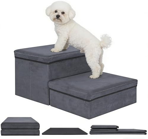 AKOZLIN Hundetreppe mit Stauraum, 2 Stufen, faltbar, 2-in-1-Haustiertreppe, extra breite Haustierrampe, Haustierleiter, Haustiertreppe für kleine bis große Hunde, Katzen, Dunkelgrau 32×64×42cm