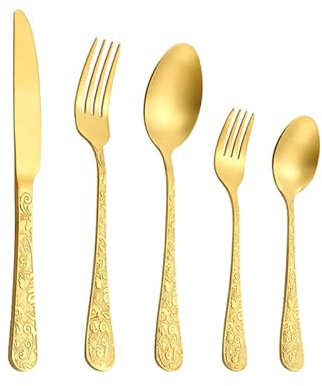 LIKECRAFT Ensemble d'argenterie, 5 pièces Vaisselle complète Ensembles de dîner de Luxe Gravure Couverts en Acier Inoxydable Ensemble de Couverts de Couteau cuillères Fourchette cuillère à thé