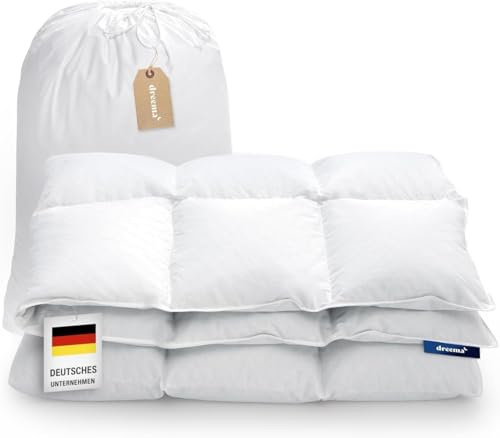 DREEMA Original leichte Komfort-Daunendecke 155x220 | Extraweiche Daunenfüllung | in Deutschland gefertigt | 100% nachhaltig mit Oeko-TEX & Nomite | Allergiker geeignet | Soft-Touch Baumwollbezug