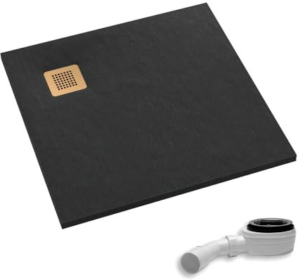 AQUABAD Duschwanne/Duschtasse Palast mit LeakProtect Technologie Black Stone 90x90cm Quadrat - Blende: poliertes Kupfer | inkl. Ablaufgarnitur/Siphon