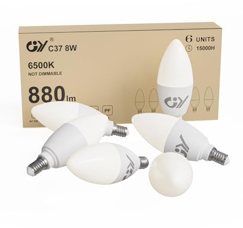 GY E14 LED Ultrahelle Energiespar Glühbirne, 8W Glühbirne E14, Ersetzt 60W lampe, C37 LED Birne 880LM, 6500K Led Kaltweiss, 280° Abstrahlwinkel Energiesparlampe, Nicht Dimmbar, 6 Stück