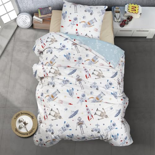 nordqueen Baby&Kinderbettwäsche Seersucker 100% Baumwolle Bettbezug aus Atmungsaktive, Weiche und Angenehme Schlafkomfort-ÖkoTex Zertifiziert (Astro, 4-TLG. 2 X 135X200 cm + 2 X 80X80 cm)