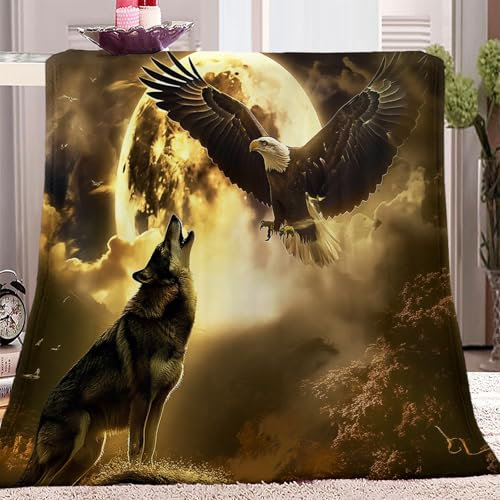 Tiermotiv Mit Adler Und Wolf Kuscheldecke Gelb Flauschig Decke Fleecedecke, Sofa Überwurfdecke, Wohndecke Warm Weich Sherpa Wolldecke, Gemütlicher Überwurf Für Bett und Couch 150x200 cm