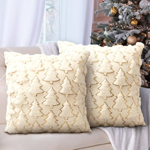 HOLKEU 2er Set Dekokissenbezüge Weihnachten, Cremeweiß Plüsch Samt Kissenbezüge, 3D Weich Künstliche Pelz Dekorativ Kissenbezug mit Weihnachtsbaum für Sofa Wohnzimmer Schlafzimmer - 40 x 40 cm