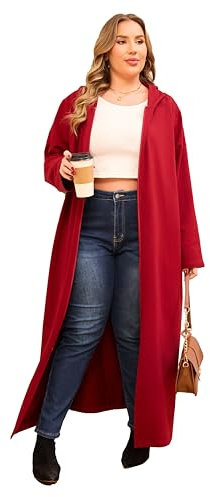 VOGMATE Damen Bademantel 2XL übergröße mit Kapuze Reißverschluss Baumwolle Leichter Lang Morgenmantel Kuschelig Hausmantel Nachtwäsche Große Größen Wein