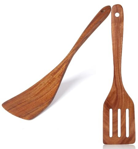 Wooden Spatula for Cooking - 30 cm Natural Teak Wood with Long Handle and Slotted Turner Handmade for Protection Against Scratches for Pan, Heat Resistant, Antibacterial, Kitchen Spatula Set