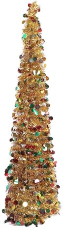 Mumusuki 4.9ft Up Christmas Tree, PET Foldable Telescopic Artificial Sequin Xmas Tree Collapsible Christmas Tree For Home Holiday Party Decoration (Gold Colorful)