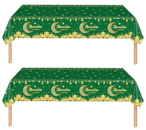 2 Stück Eid Mubarak Tischdecke, Ramadan Tischdecke, Eid Ramadan Party Tischdecke, Mond Stern Rechteck Tischdecke, Muslim Islamische Ramadan Party Dekoration (Grün B)