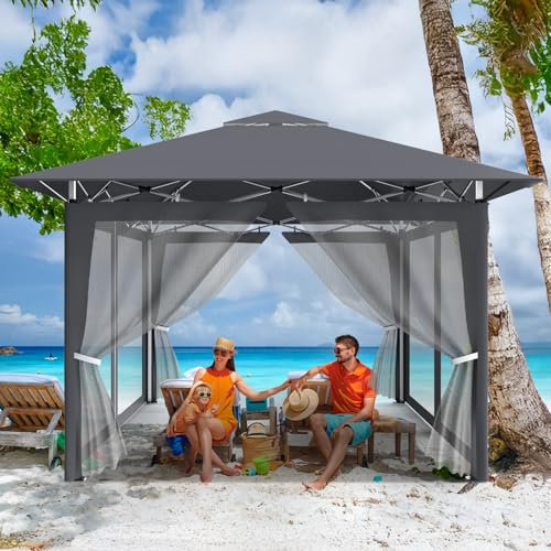 Pavillon Pop-Up 4x4m,Faltpavillon,Wasserdicht Gartenpavillon mit 4 Moskitonetz,Bissschutz、Atmungsfähig、Höhenverstellbar,UV Schutz 50+,Stabil,Metallrahmen,Partyzelt,Gartenzelt für Outdoor Camping,Grau