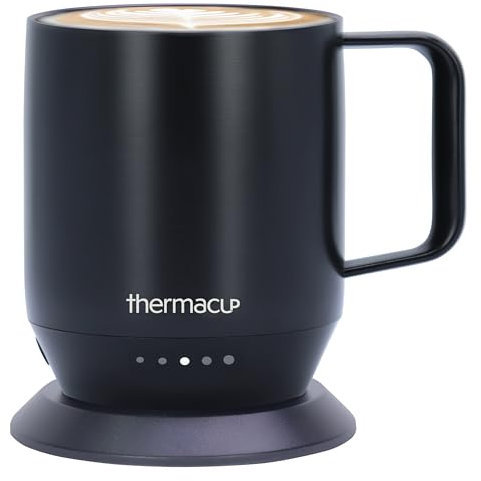 THERMACUP Tasse à café auto-chauffante avec 5 réglages de température, batterie de 8 heures, 355 ml avec couvercle (capacité de 414 ml), noir minuit