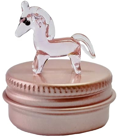 SHC Web Mini unicornio de cristal en pequeña lata de regalo de oro rosa, bonito animal de cristal rosa hecho a mano, figura de fantasía en miniatura para los amantes de los unicornios
