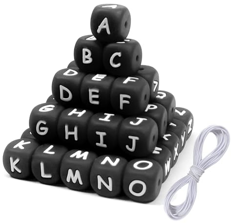 TOAOB 52 Pezzi Perline Lettere in Silicone per Braccialetti 12mm Nero e Bianco Cubo Grandi Alfabeto Perle Beads e 2M Filo per Collane Bigiotteria Gioielli Fai da Te Phone Catene Portachiavi