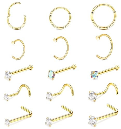 Spetsbst 15 stk Nasenpiercing Ring, 20G Nasenring Gold 316L Chirurgenstahl Nostril Piercing Ring, Nostril Septum Piercing Ring Knorpelohrring Lippenring für Damen Männer