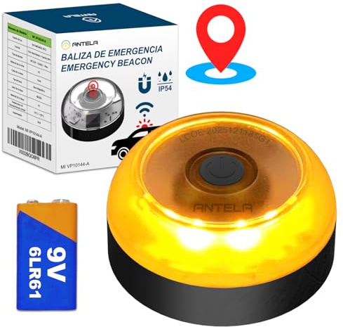 ANTELA Luz de Emergencia V16 con Geolocalización y SIM Hasta 12/2038 | Homologada DGT 3.0, IP54, Base Magnética, Visible 1 km, Pila Incluida,1pc
