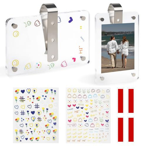 2 Stück Auto Fotorahmen,Auto Sonnenblenden Foto Clip,Magnetischer Fotohalter aus Acryl mit 2 Aufklebern,Auto Gadgets Innenraum,für Auto Sonnenblende Kühlschrank Metall Schließfächer