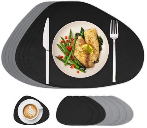 Famibay Platzsets Abwaschbar Tischsets Leder Platzdeckchen rutschfest Schwarz Grau Tischset und Untersetzer 8er Set Hitzebeständig für Tisch Deko Esstisch Esszimmer
