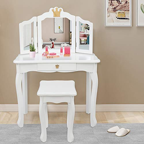 LEADZM Schminktisch Kinder mit Hocker Frisiertisch Kinderschminktisch für Mädchen Frisierkommode mit Schublade mit Zwei 180°-Klappspiegeln für 3-9 Jahren (Weiß)