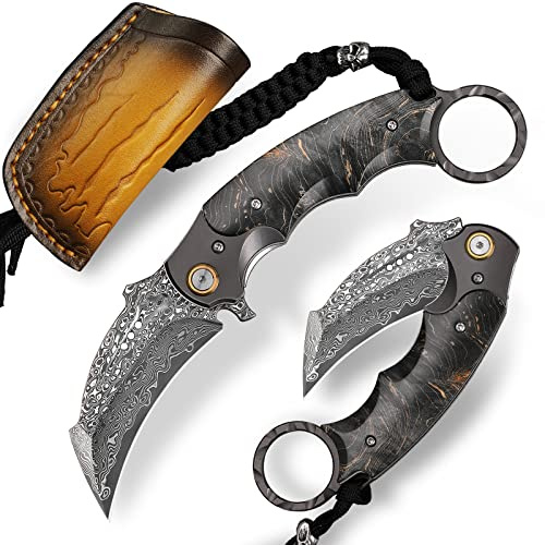 ALVELY Handgefertigtes Damaszener-Stahl-Klappmesser, mit Rindslederscheide und Taschenclip, 2.8in Klinge, Klappmesser Taschenmesser, Holzgriff, Männer und Frauen Outdoor-Camping-Dienstprogramm Messer