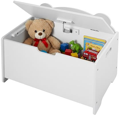 Relaxdays Spielzeugtruhe Bären-Design, Spielzeugkiste mit Deckel, HBT 48x60x38 cm, Kinderzimmer, Spielzeugbox, MDF, weiß