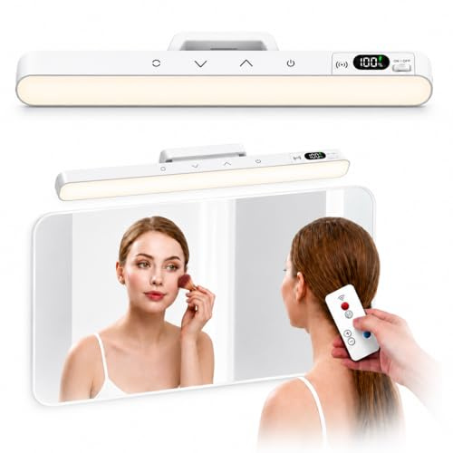 GlintBay Dimmable Mirror Lights for Makeup,Rechargeable Bathroom Light with Battery Display,Remote Control Vanity Light,5 Colour Stick on Light Bar for Mirror, Dressing Table & Wardrobe