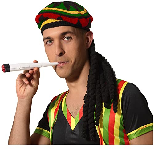 Spassprofi Rasta Mütze mit Dreadlocks und Joint Attrappe Faschingsperücke Unisex-Erwachsene Party