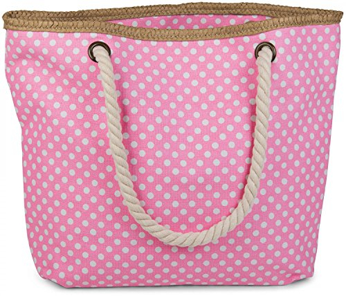 styleBREAKER Strandtasche mit Punkte Muster und Kordelgriffen | großes Hauptfach mit Reißverschluss | inkl. abnehmbarer Kosmetiktasche | Shopper Damen mit Bast-Detail, Farbe:Neonpink-Weiß