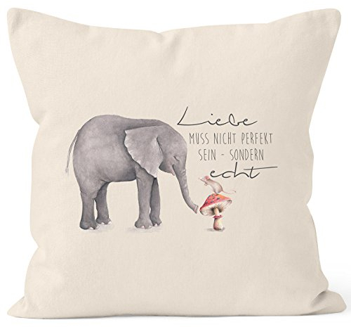 MoonWorks Kissenbezug Geschenk Liebe muss Nicht perfekt Sein sondern echt Elefant Maus Kissen-Hülle Deko-Kissen 40x40 Baumwolle Natur 40cm x 40cm