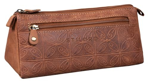 STILORD 'Alexis' Vintage Leder Etui Stiftemappe mit 2 Fächern und Reißverschluss Federtasche Federmäppchen Schlampermäppchen Echtes Leder, Farbe:Nevada - braun