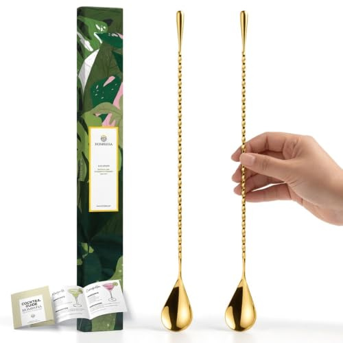 Homestia 2Pcs 12 Inch Bar Spoon, Cocktail Mixing Spoon, Drink Stirrers Gold | Stainless Steel Long Handle Spiral Design with Weighted Teardrop End, Professional Spoon for Bartenders, Home Bar Mixing