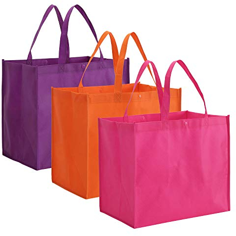 Tosnail 12 Pack Reusable Grocery Shopping Bags, Large Foldable Tote Bags Bulk, Fabric Bags with Long Handle for Shopping Groceries Clothes - Purple, Orange, Pink
