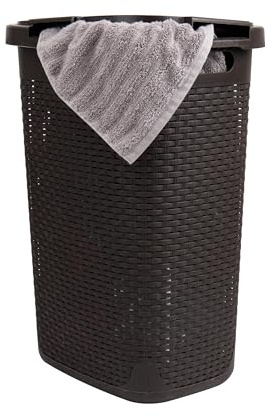Mind Reader Slim Laundry Hamper with Lid, 60L Tall Clothes Basket, Narrow Tapered Design for Bathrooms, Closets and Laundry Rooms, Plastic, Brown
