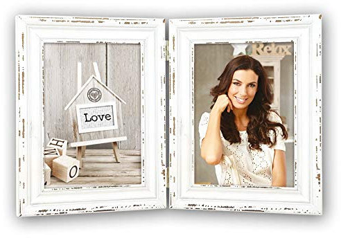 matches21 Bilderrahmen Klapprahmen Doppelrahmen Rahmen Wechselrahmen Holz weiß für 2 Fotos Bilder Vintage Style 13x18 cm